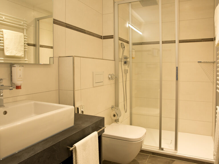 Ein elegantes Badezimmer mit einem modernen Waschbecken und Toilette im Wellnesshotel Grüner Baum.