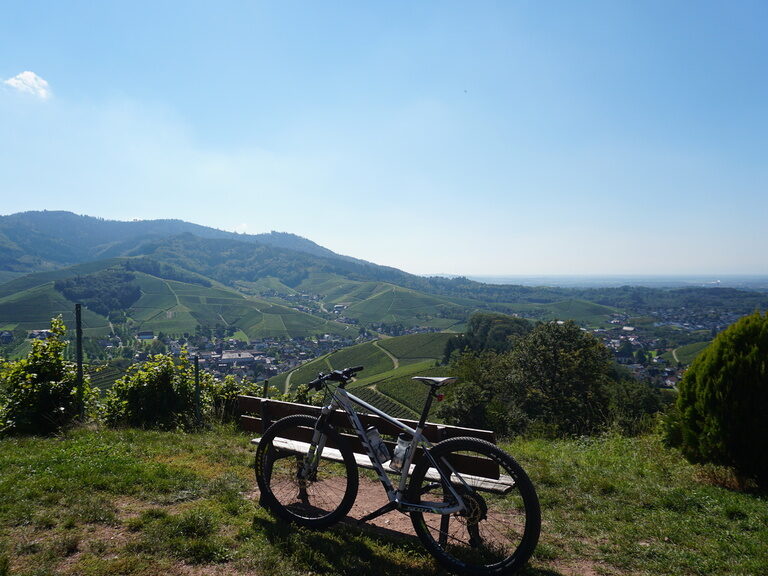 Ein Fahrrad lehnt an einer Bank auf einem Hügel im mittleren Schwarzwald.