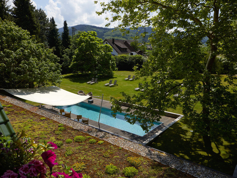 Der Swimmingpool des Waldhotels Grüner Baum im mittleren Schwarzwald schattiert von hohen Lärchen und Fichten.