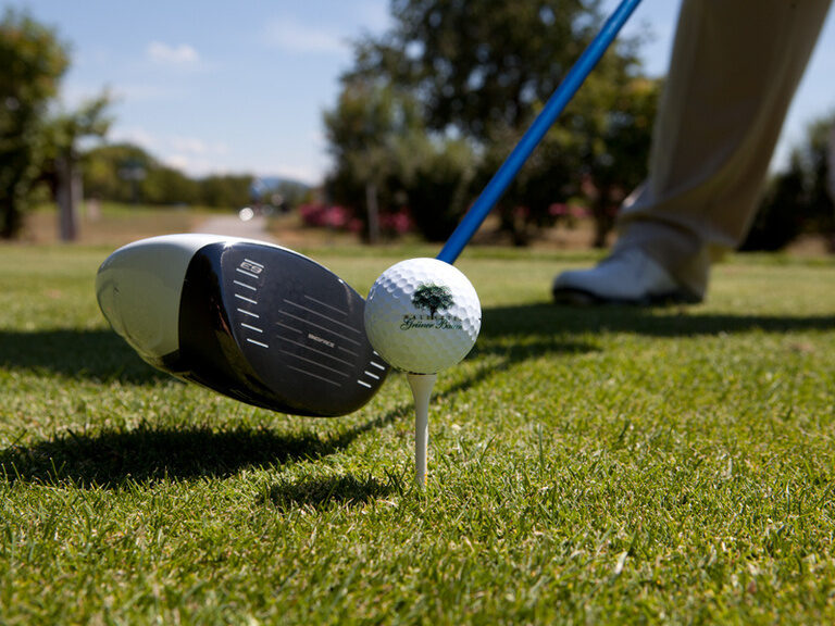Ein Golfball und Driver auf dem Grün eines Golfplatzes im Schwarzwald..