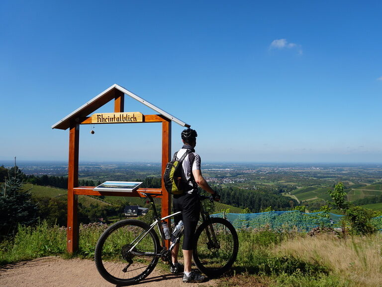 Ein Mann steht mit seinem Fahrrad an einem Aussichtspunkt und blickt über den Schwarzwald.