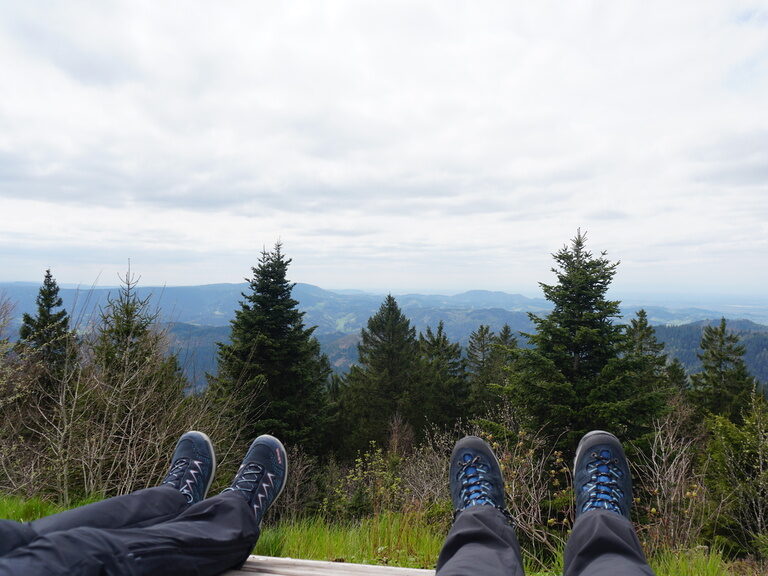 Zwei Personen rasten an einem bewölktem Herbstmorgen auf einer Bank und blicken über den Schwarzwald.