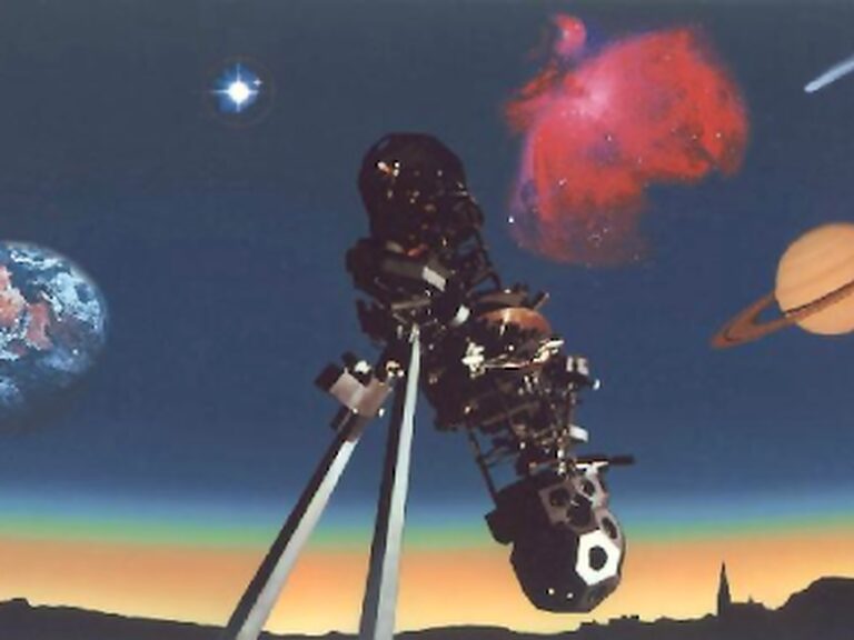 In einem Planetarium sind Planeten zu erkennen und in der Mitte steht eine Teleskop