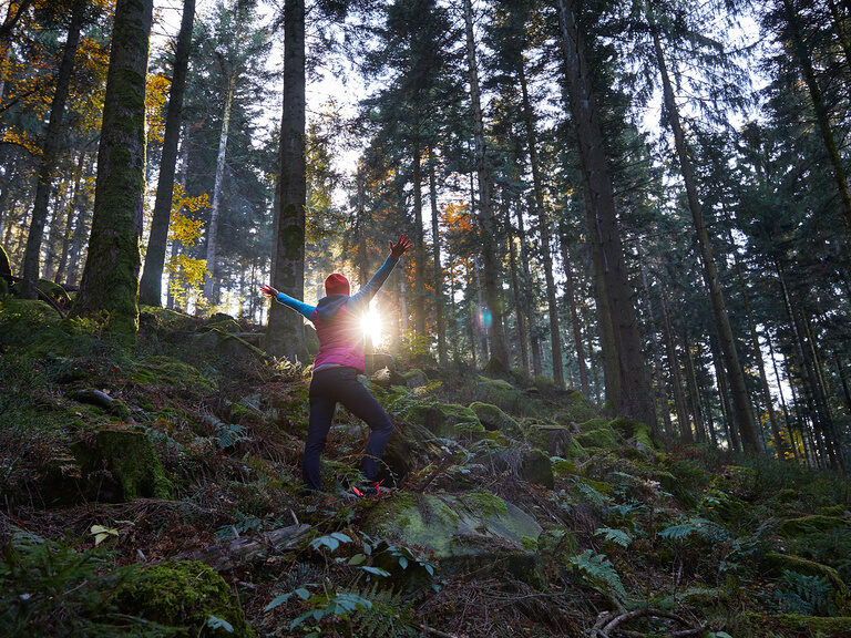 Ein Wanderer freut sich an einem herbstlichen Morgen im mittleren Schwarzwald über die Sonne, die über dem Hügel in die Höhe steigt.